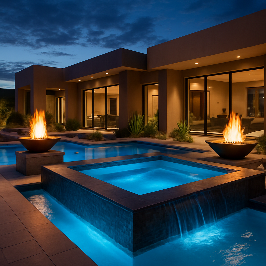 Luxury pool with raised spa and waterfall built by Optima Pools in Arizona