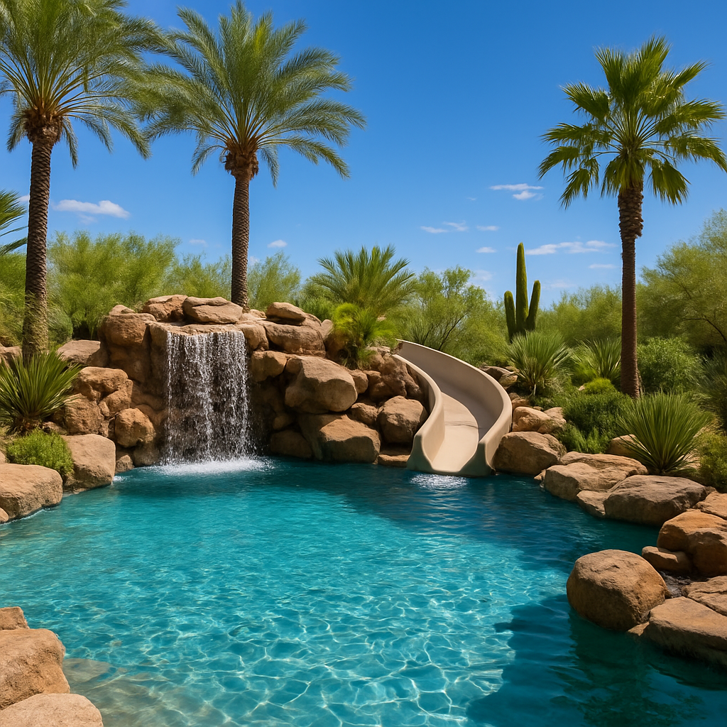 Freeform resort-style pool with rock waterfall and tropical landscaping