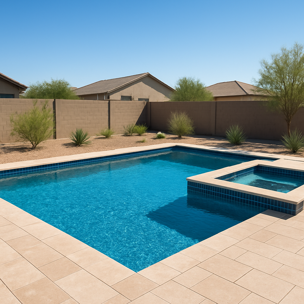 Brand new custom built swimming pool with attached spa in an Arizona backyard